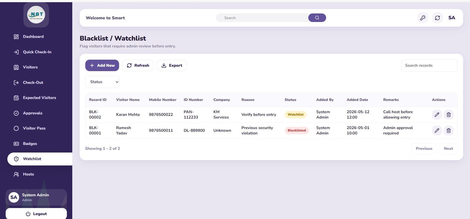 Visitor Entry Management System Blacklist and Watchlist page