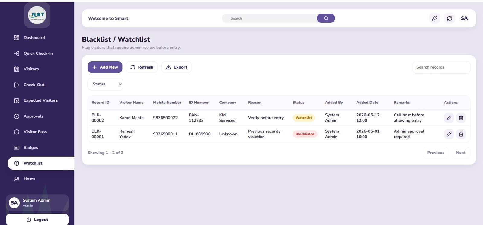 Blacklist Watchlist page in Visitor Entry Management System Web App Template