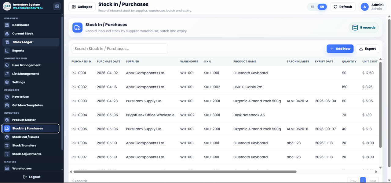 Stock In Purchases page