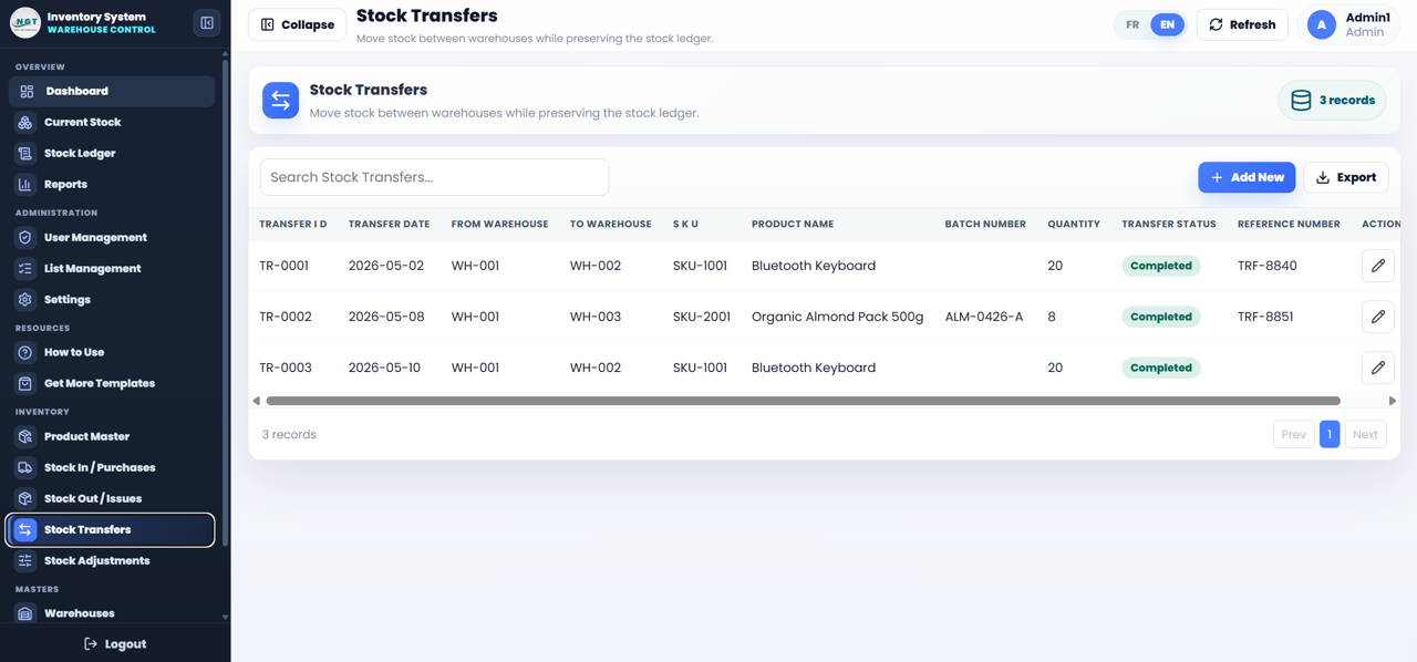Stock Transfers page