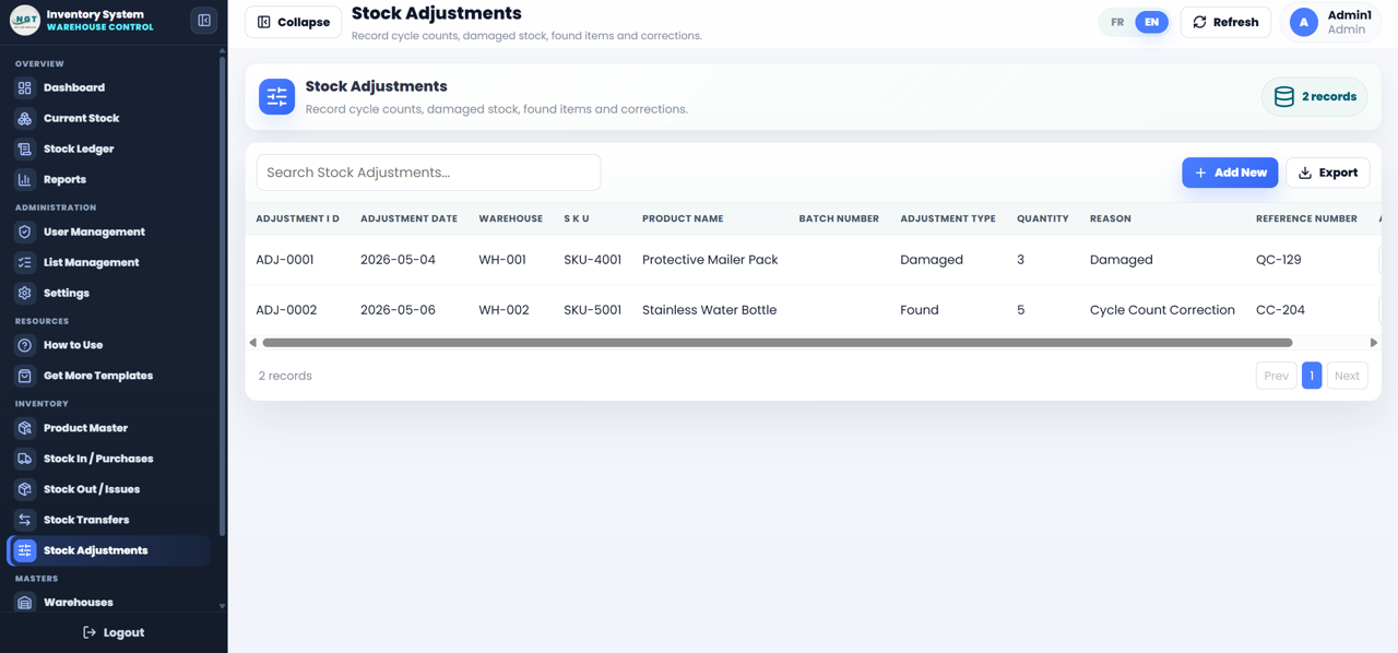 Stock Adjustments page