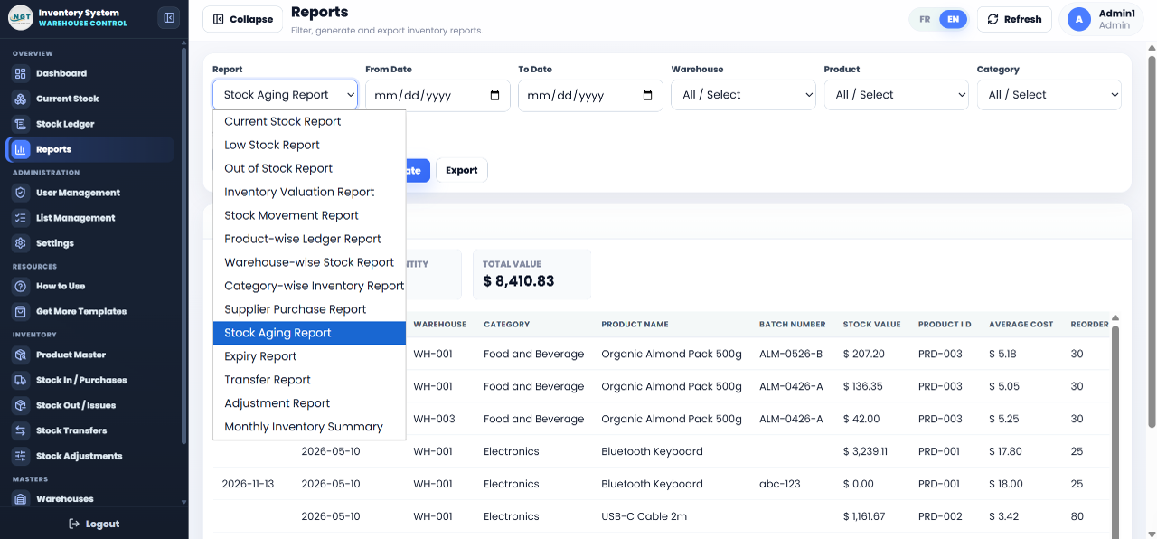 Reports page - Web-based Inventory Management System