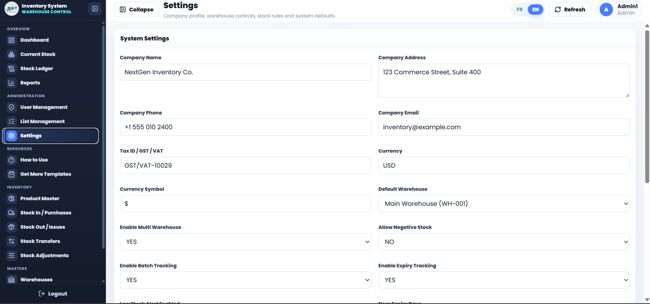 Settings page
