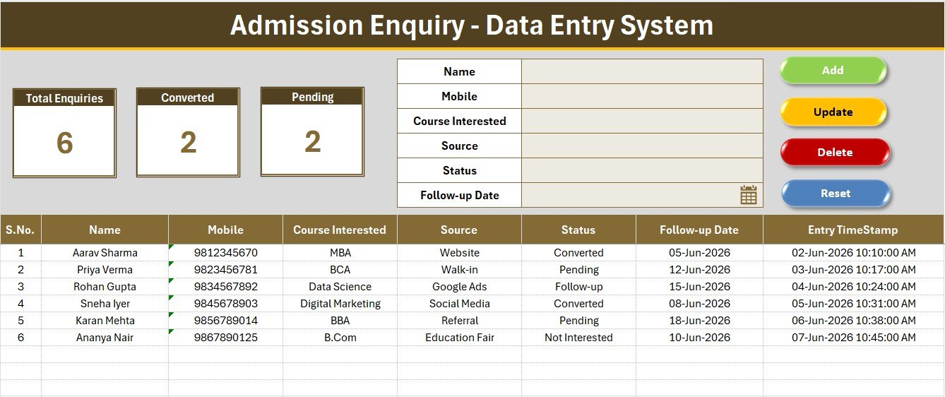 Admission Enquiry Data Entry System in Excel