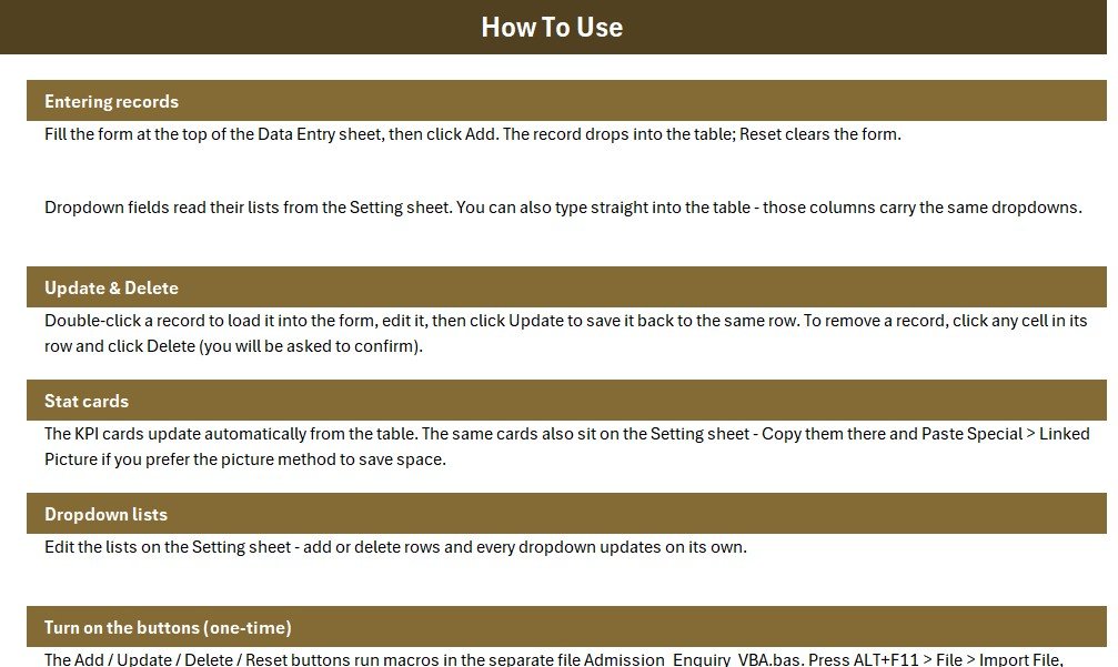 Admission Enquiry Data Entry System in Excel - records table and instructions