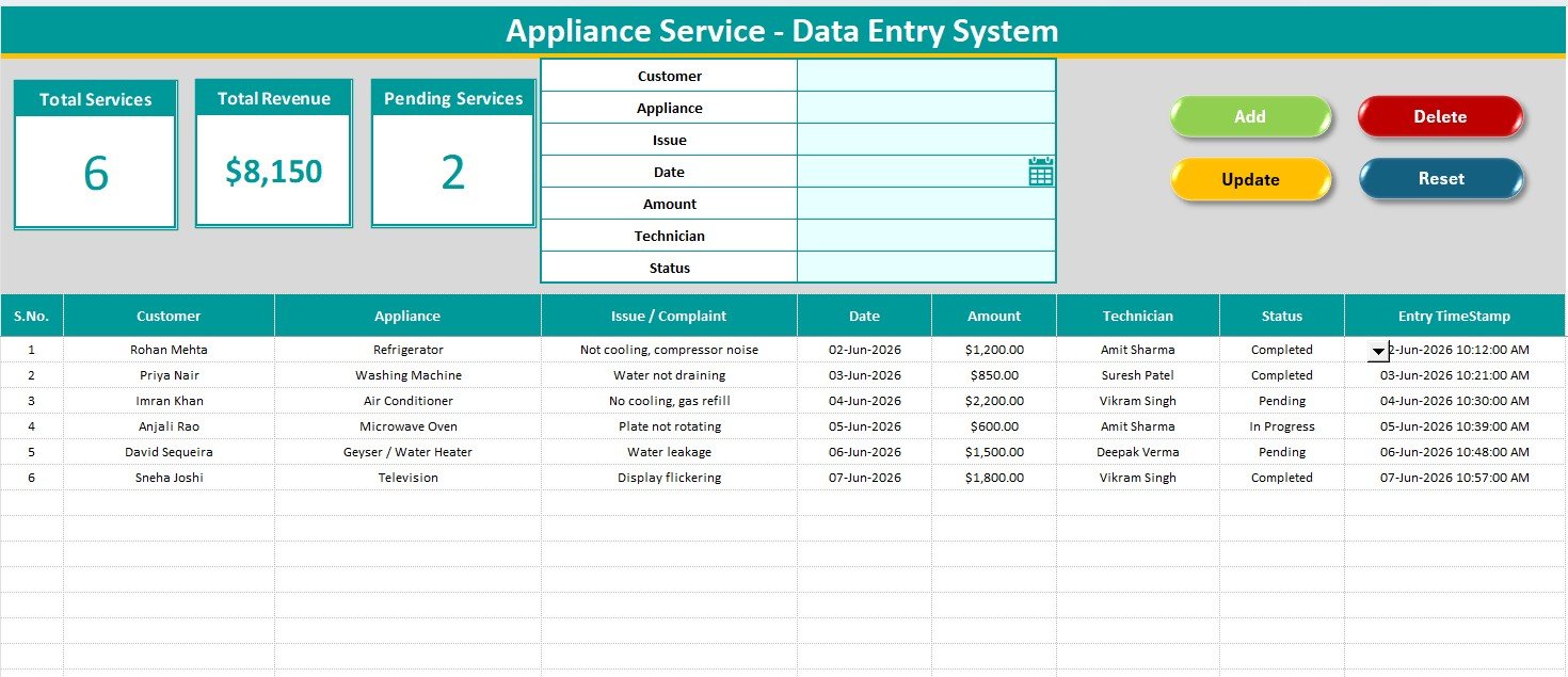 Appliance Service Data Entry System in Excel