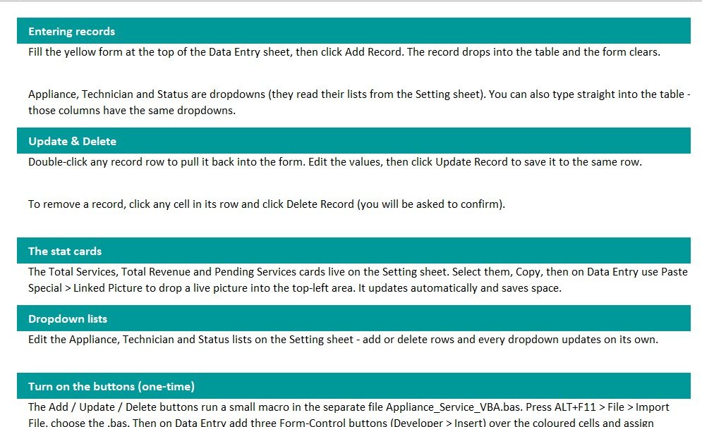 Appliance Service Data Entry System - records table and instructions