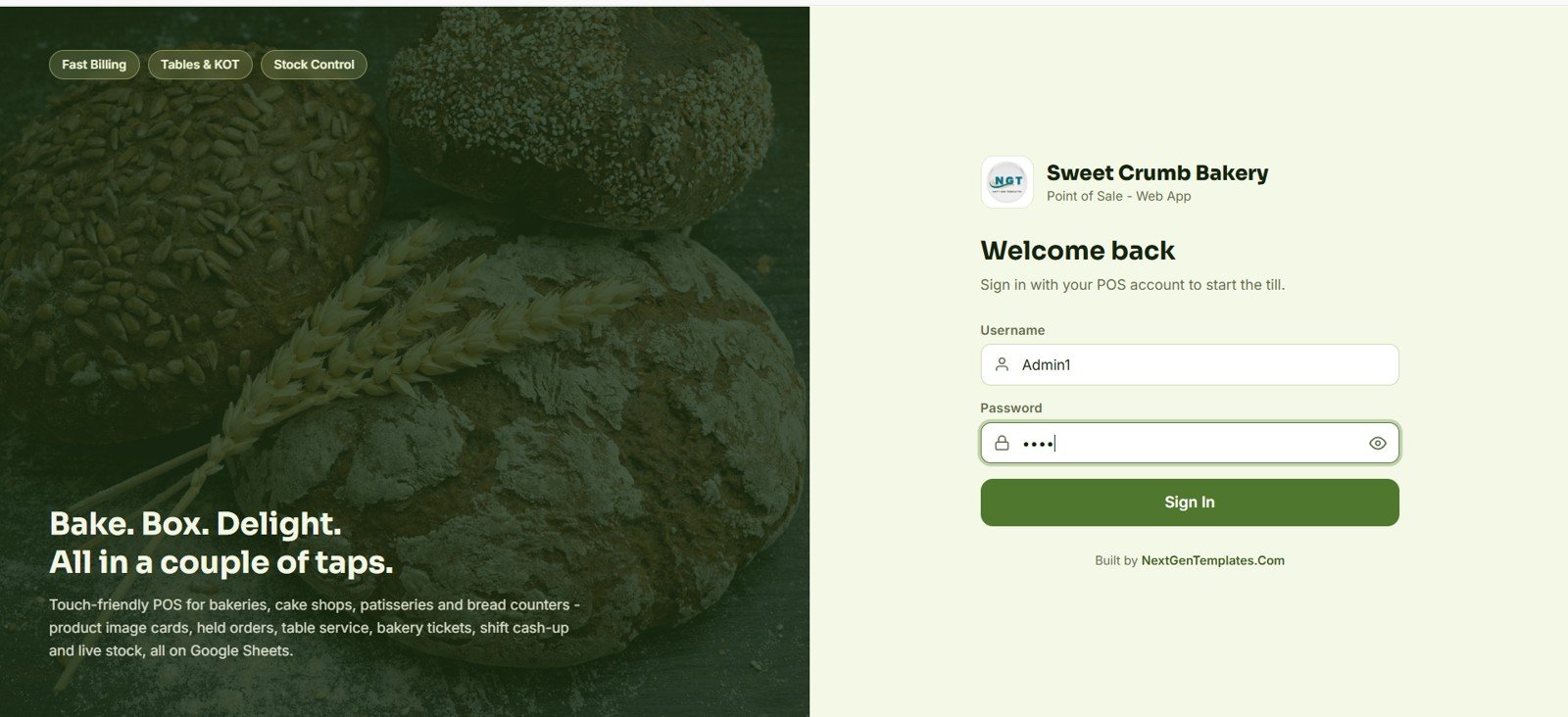 Bakery POS Web App login screen