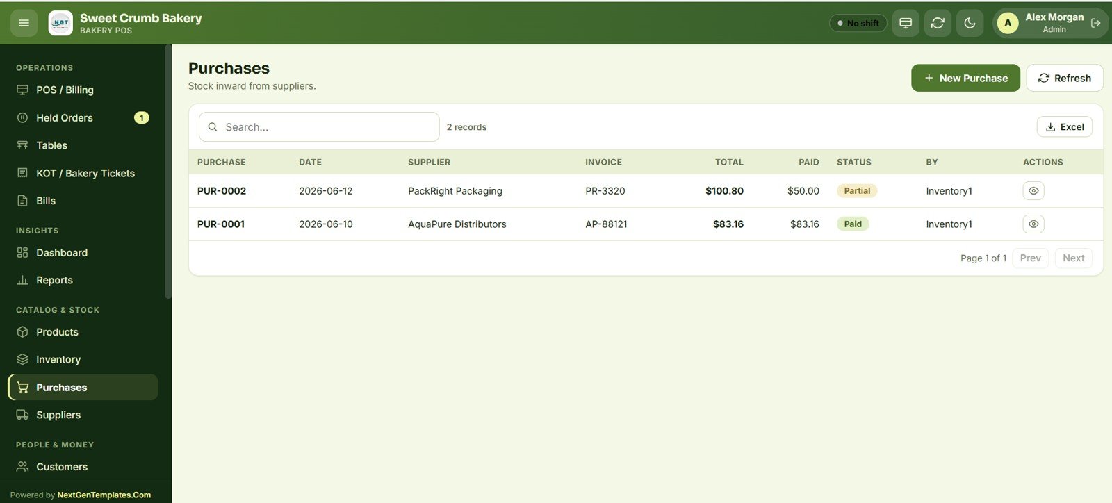 Bakery POS Web App purchases