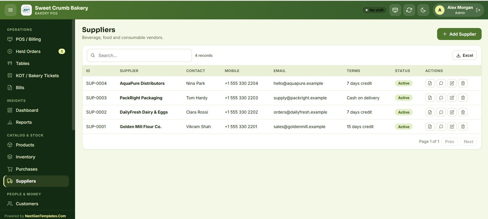 Bakery POS Web App suppliers