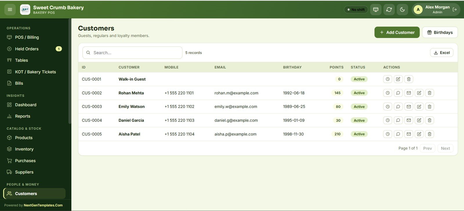 Bakery POS Web App customers and loyalty