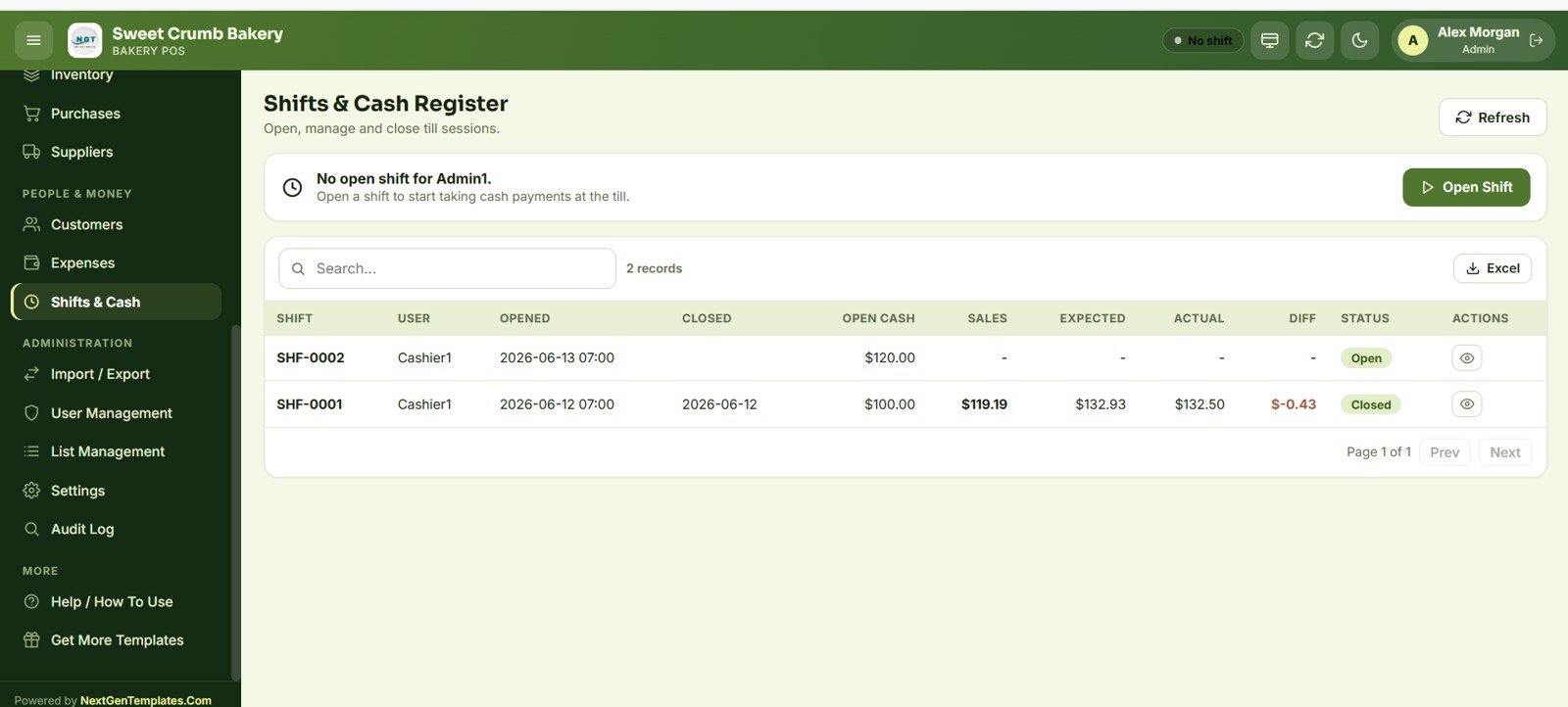 Bakery POS Web App shifts and cash register