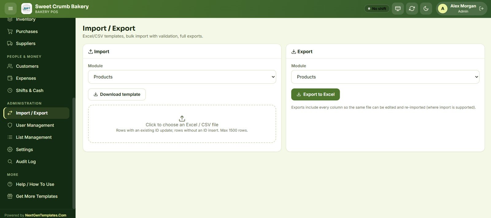 Bakery POS Web App import export