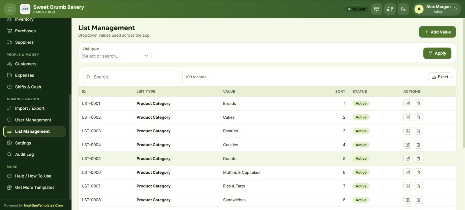 Bakery POS Web App - List Management