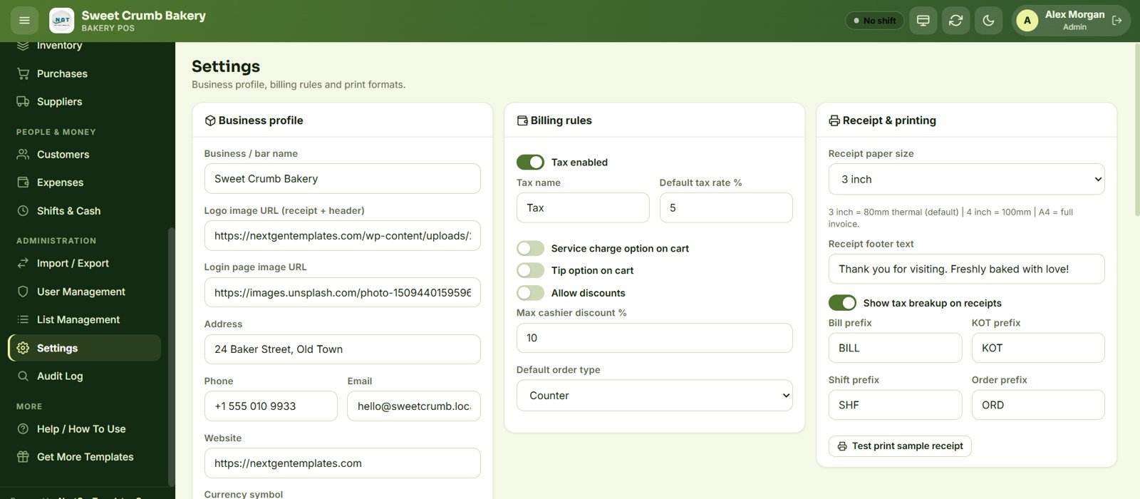 Bakery POS Web App settings