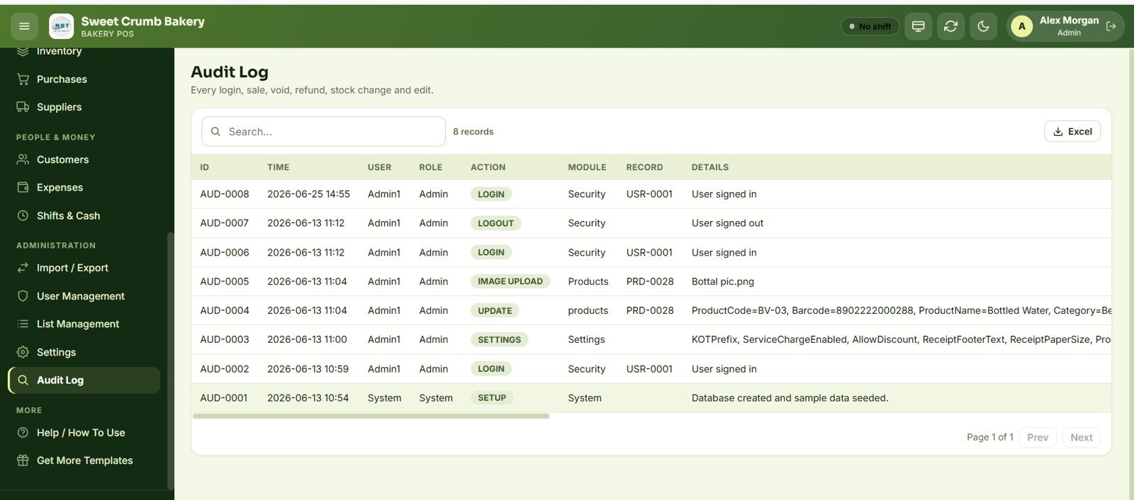 Bakery POS Web App audit log