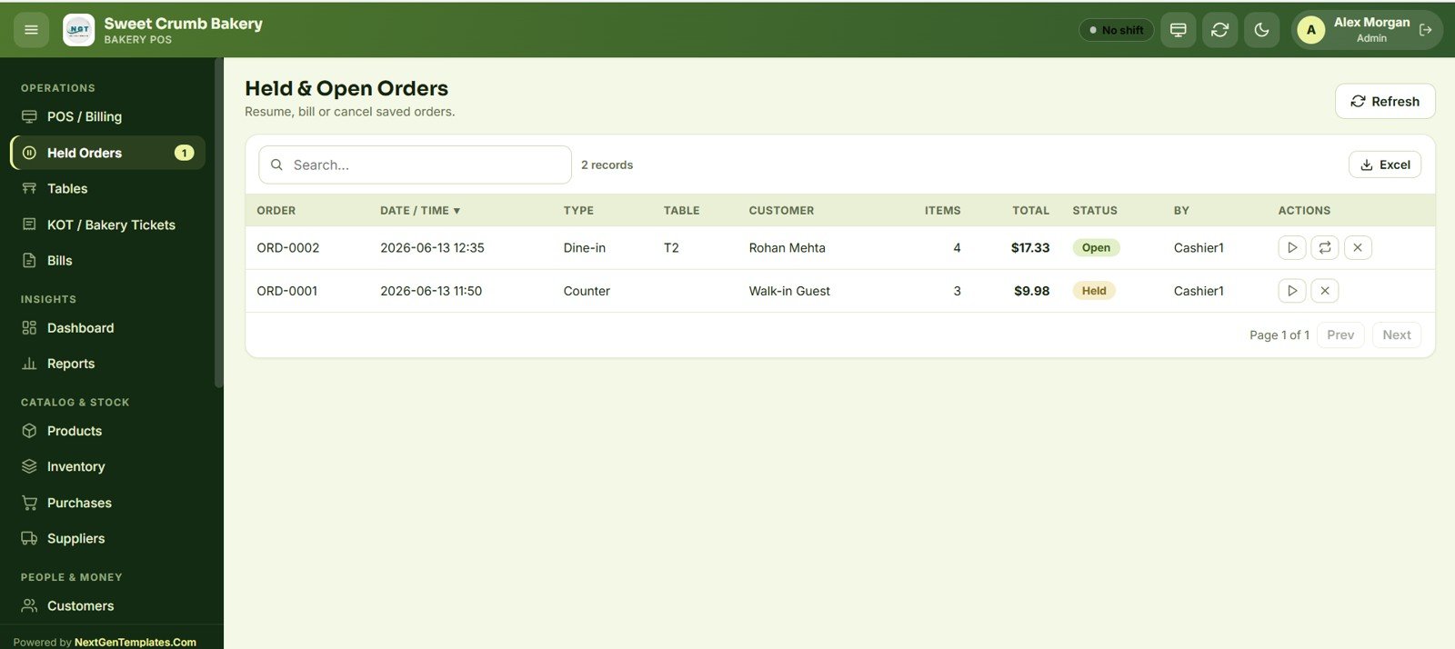 Bakery POS Web App held and open orders