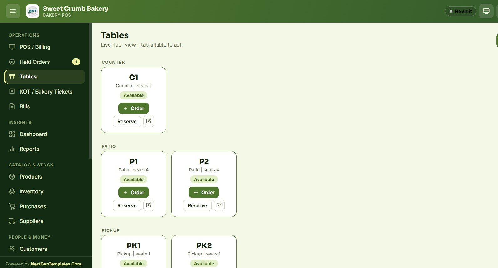 Bakery POS Web App tables floor view