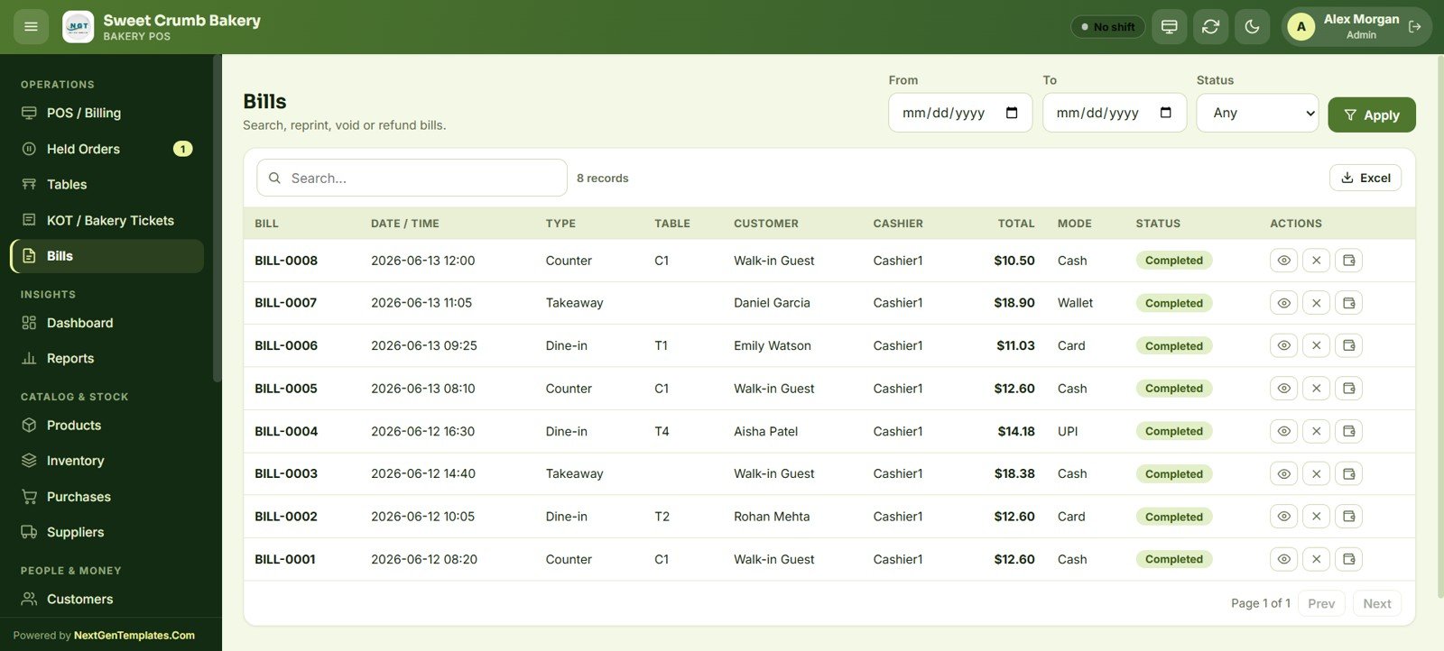 Bakery POS Web App bills reprint void refund
