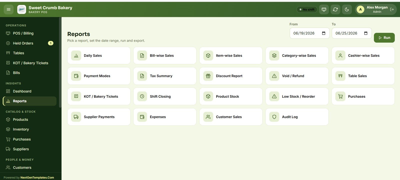 Bakery POS Web App reports center
