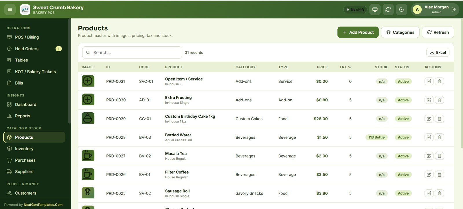 Bakery POS Web App products master