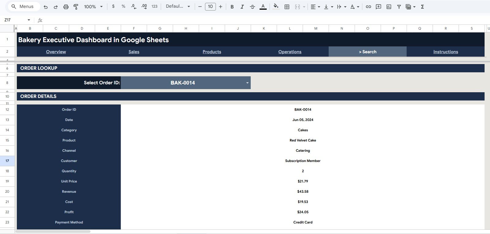 Bakery Executive Dashboard in Google Sheets Search Sheet tab