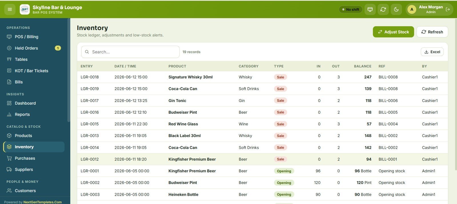 Bar POS System Web App - Inventory Ledger