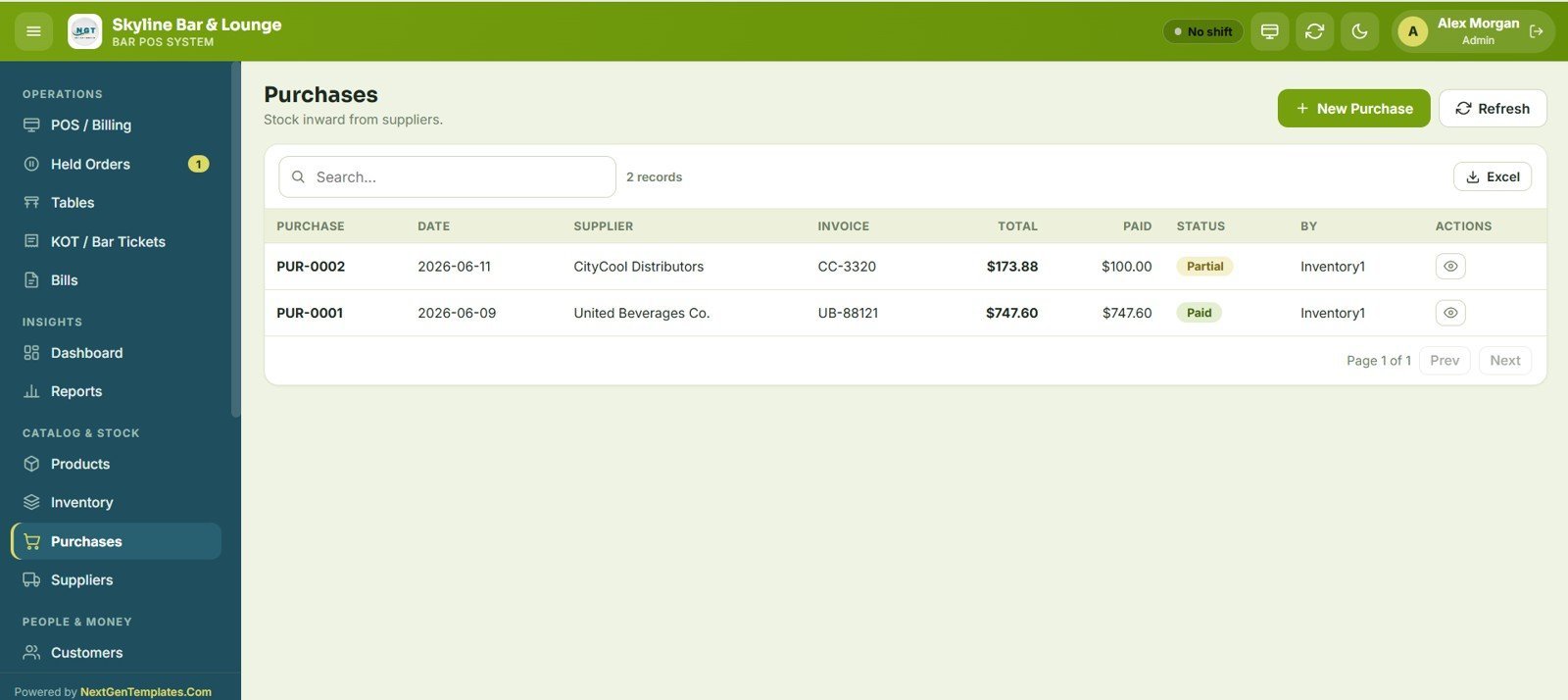 Bar POS System Web App - Purchases