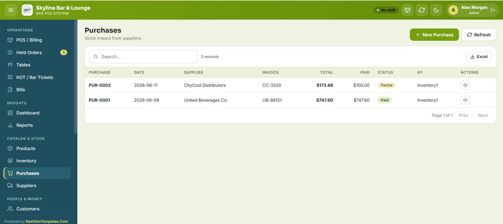 Bar POS System Web App - Purchases