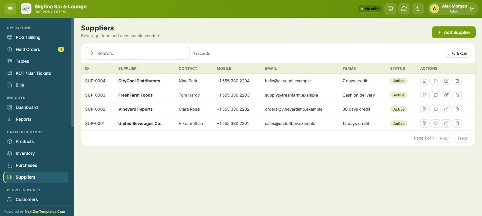 Bar POS System Web App - Suppliers Directory