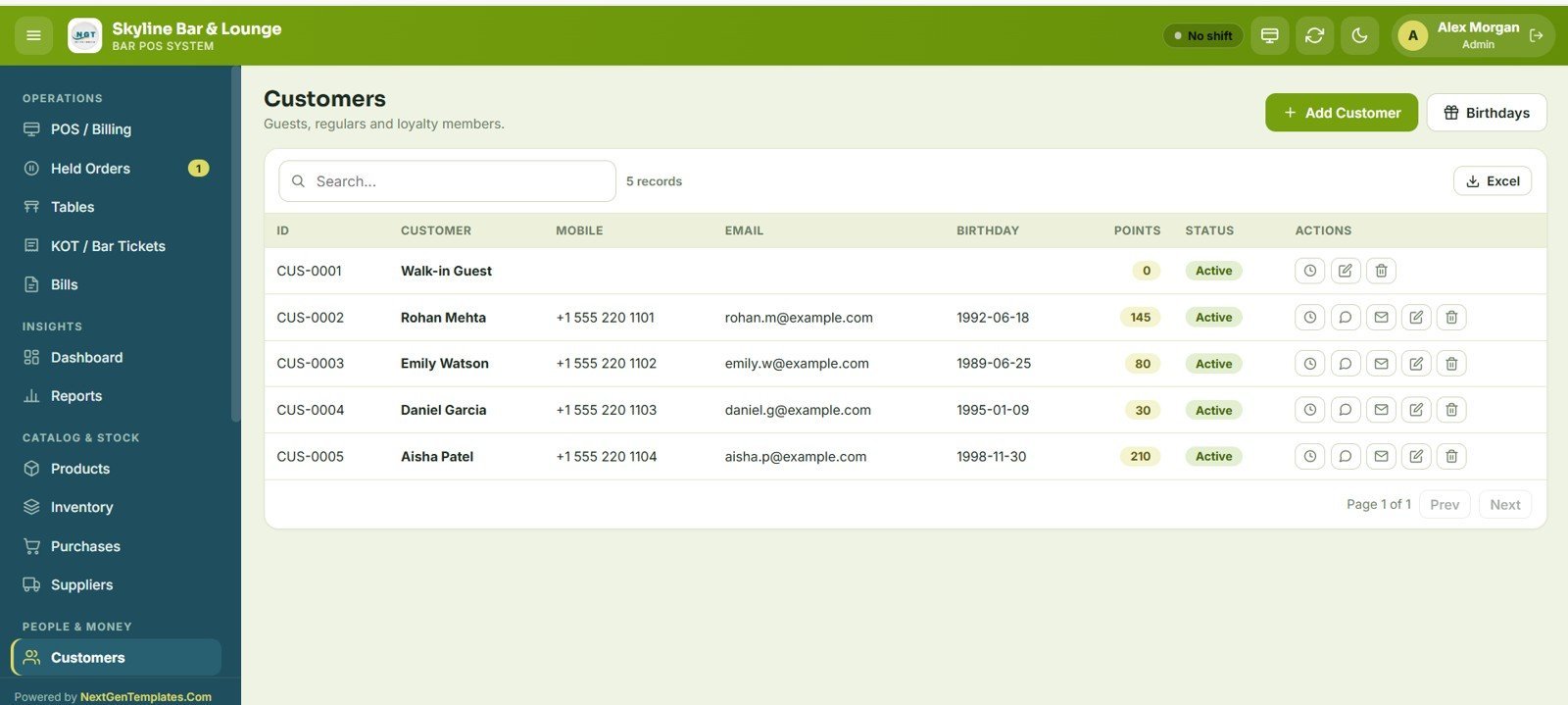 Bar POS System Web App - Customer Management