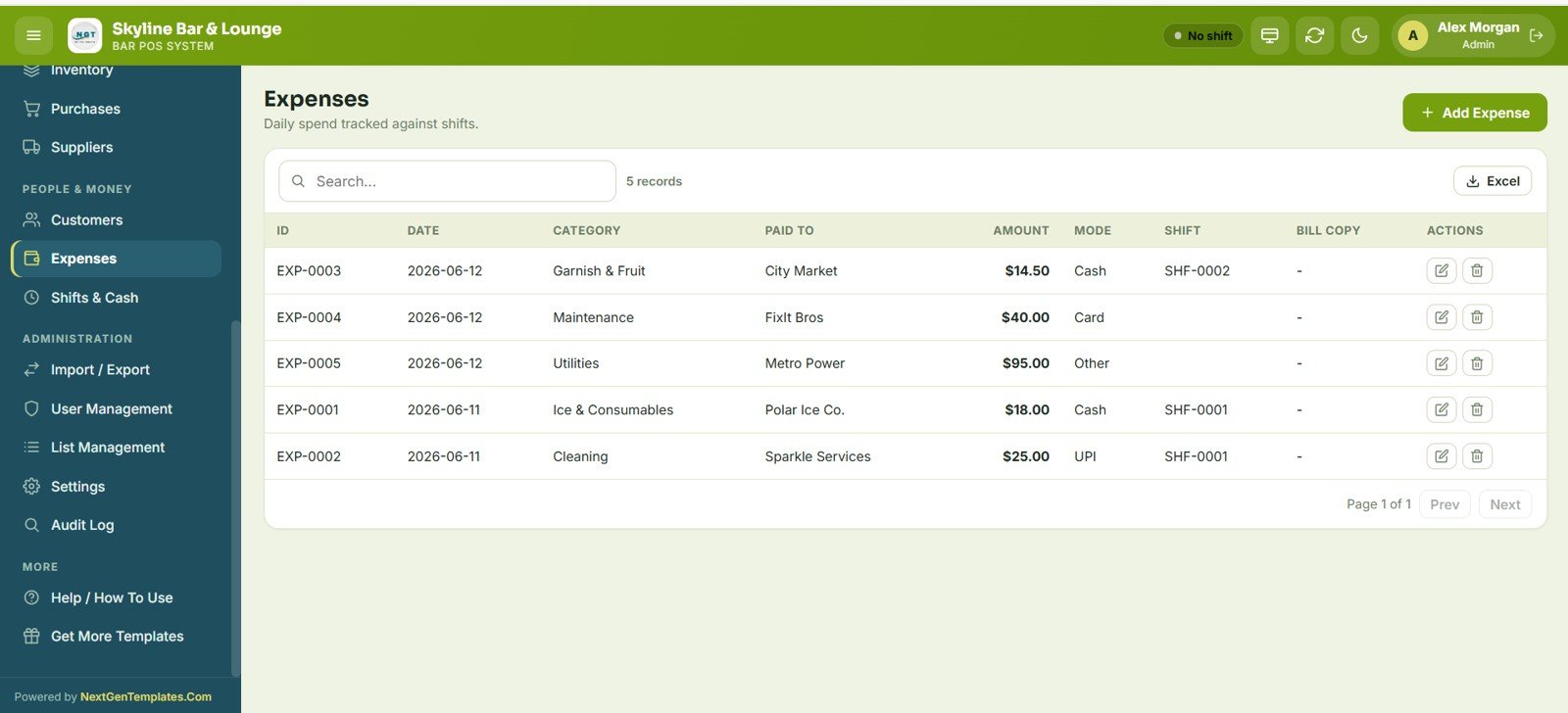 Bar POS System Web App - Expenses Tracker