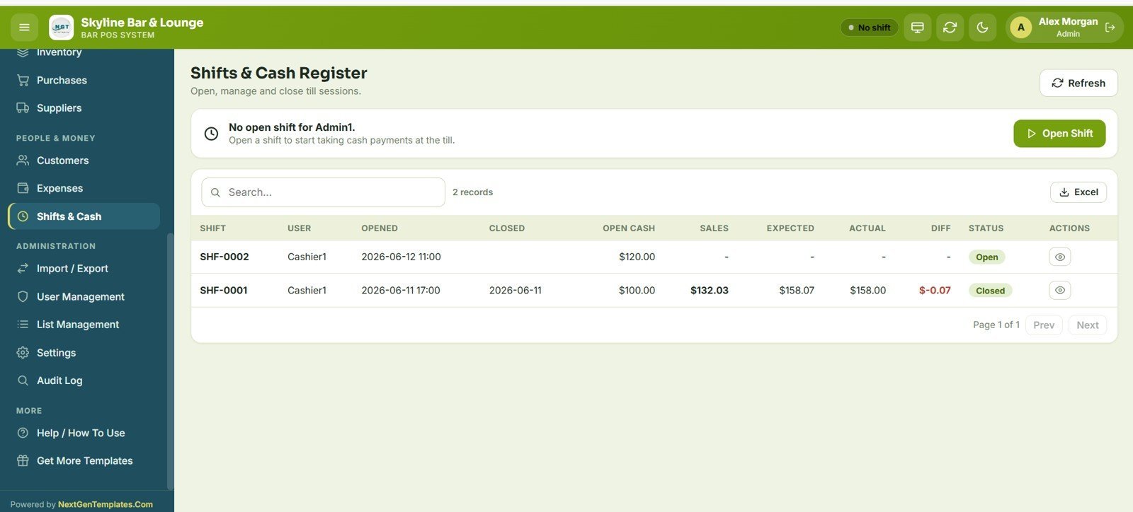 Bar POS System Web App - Shifts and Cash Register