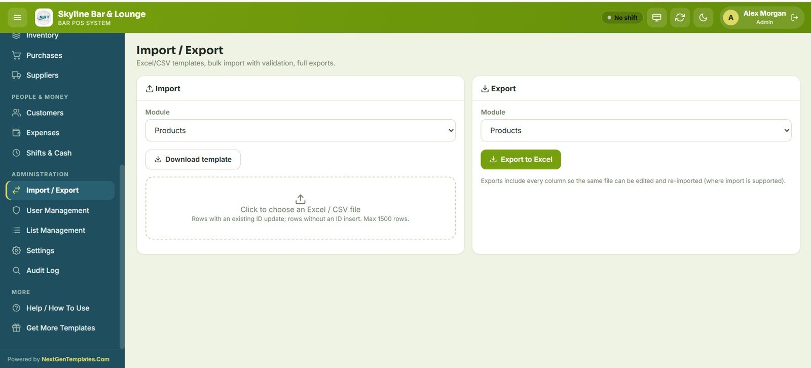 Bar POS System Web App - Import Export