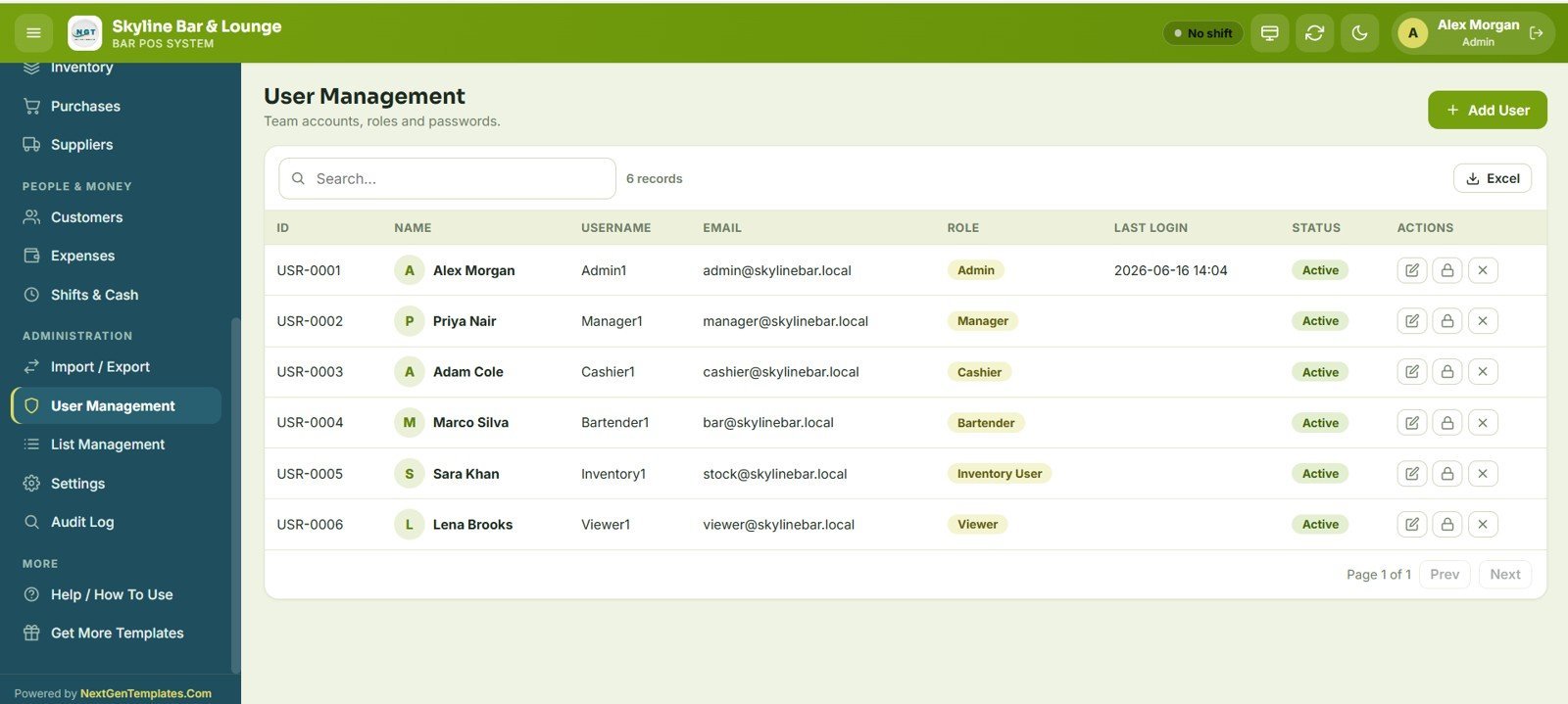 Bar POS System Web App - User Management