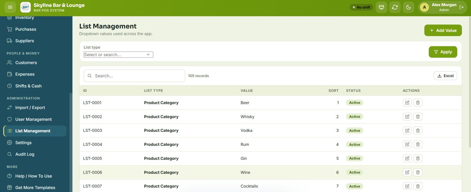 Bar POS System Web App - List Management