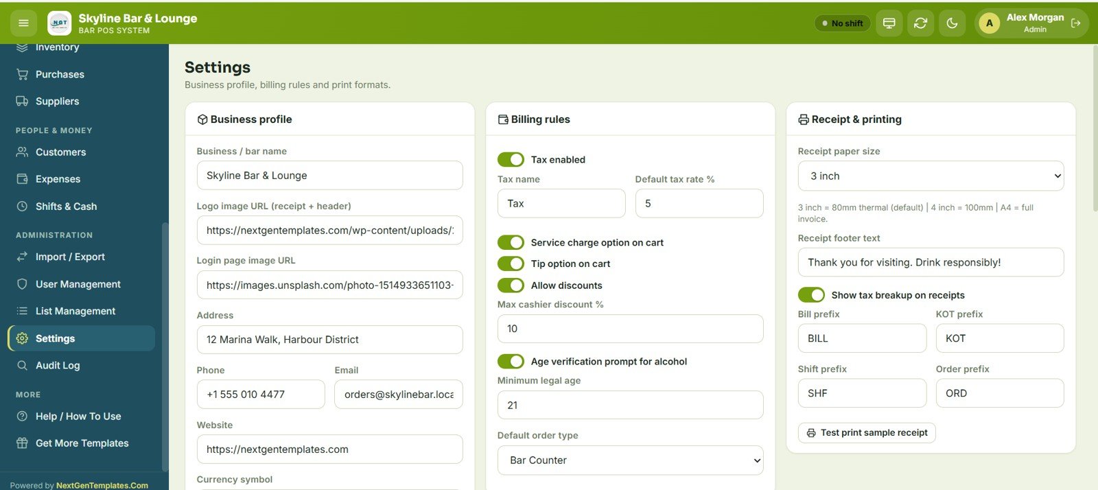 Bar POS System Web App - Settings