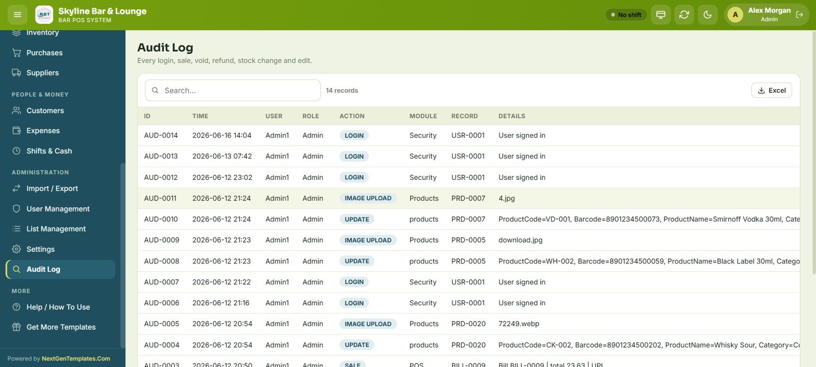 Bar POS System Web App - Audit Log