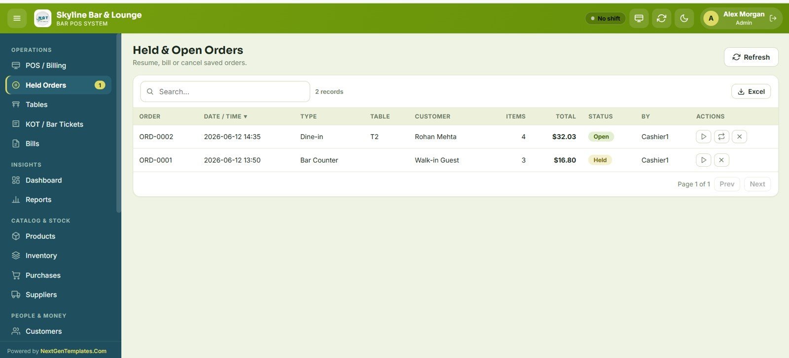 Bar POS System Web App - Held and Open Orders