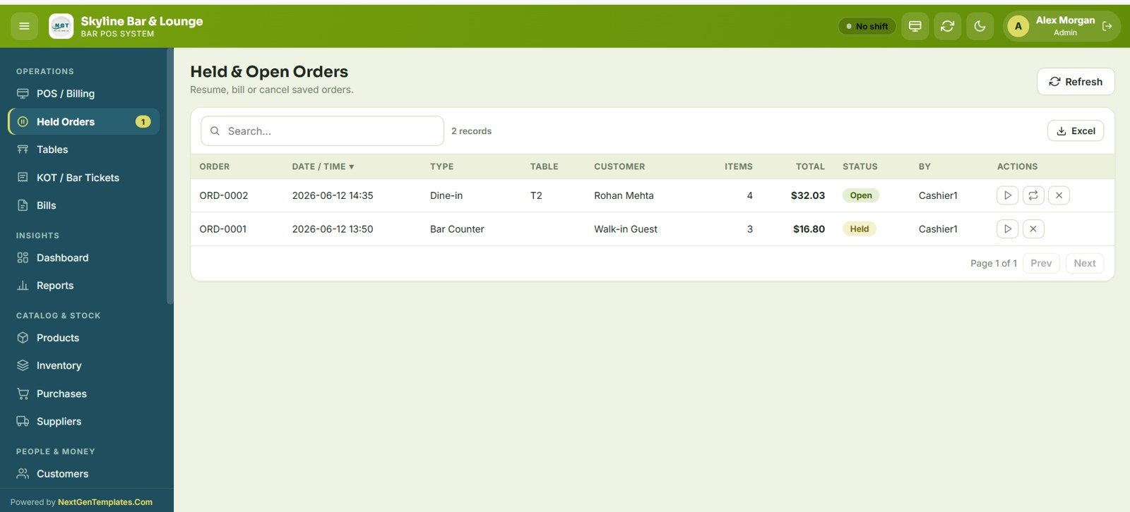 Bar POS System Web App - Held and Open Orders