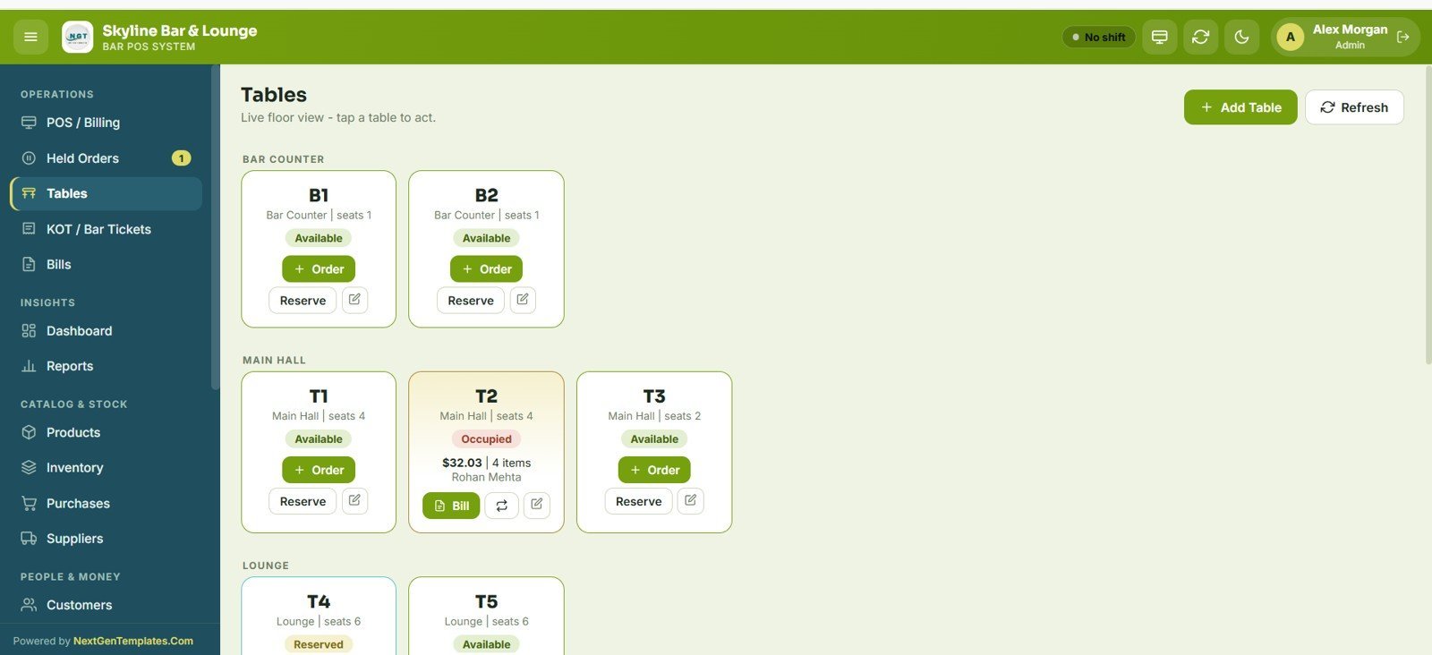 Bar POS System Web App - Tables Floor View