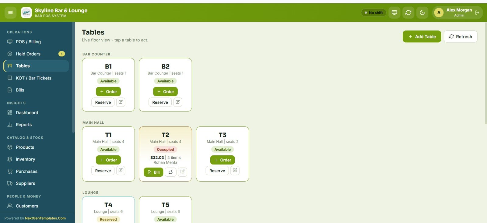 Bar POS System Web App - Tables Floor View