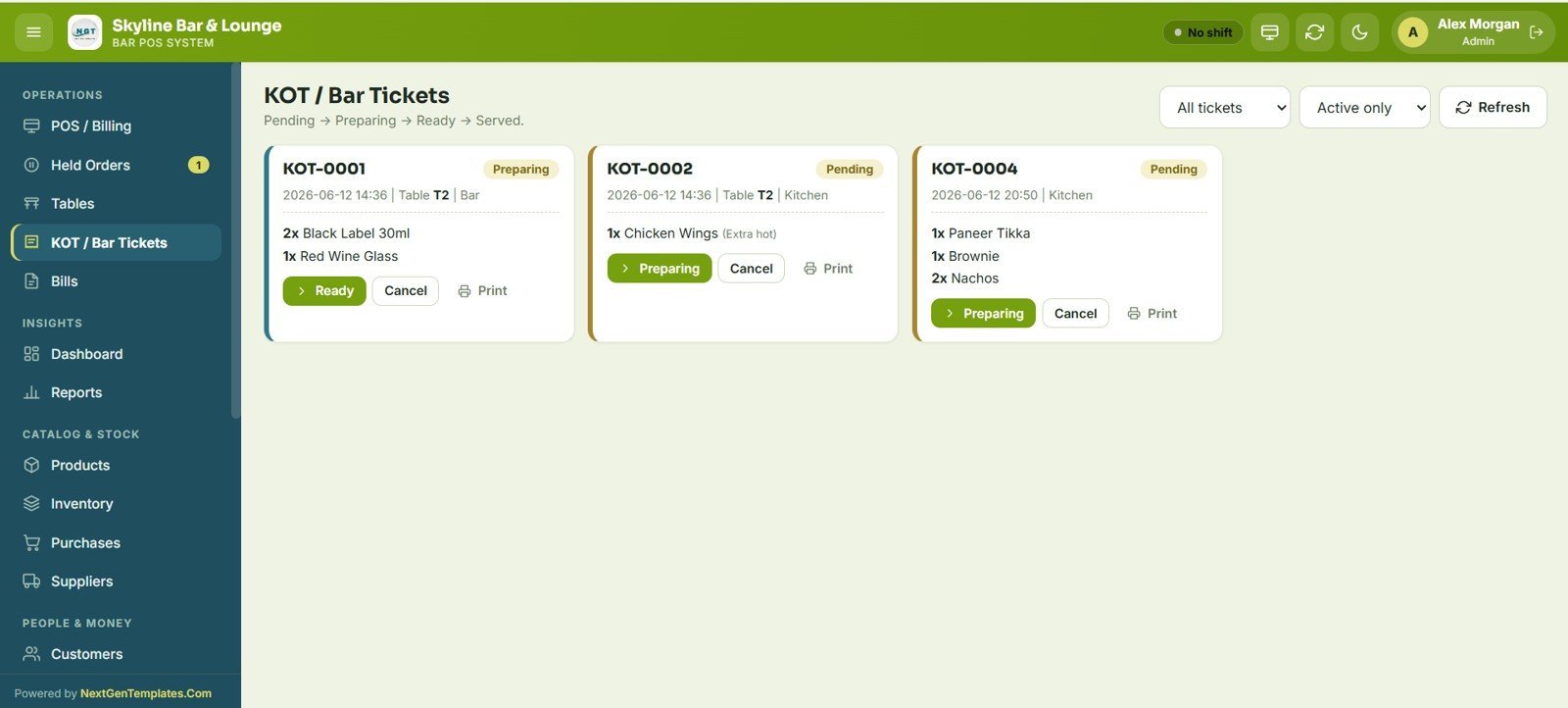 Bar POS System Web App - KOT Bar Tickets