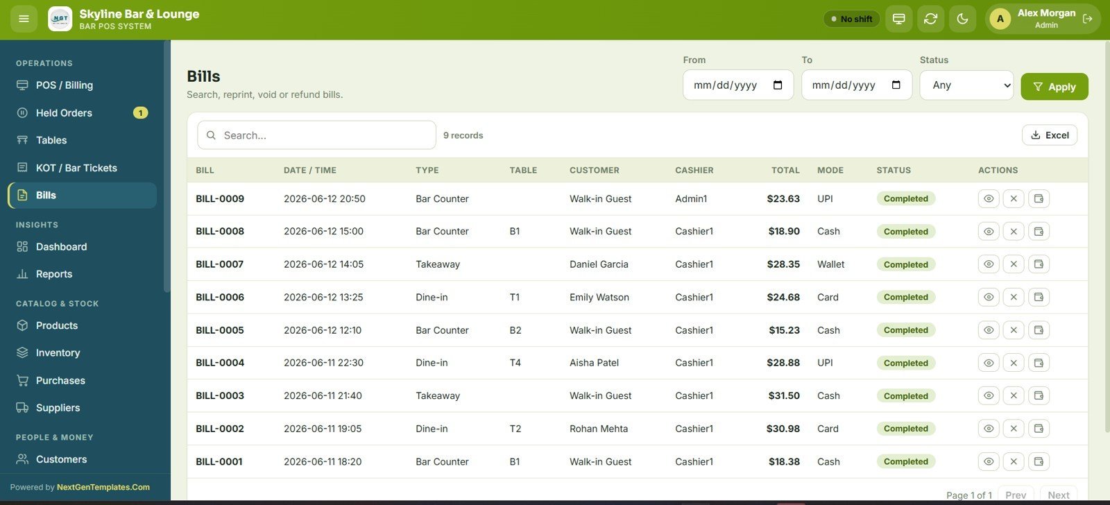 Bar POS System Web App - Bills Management