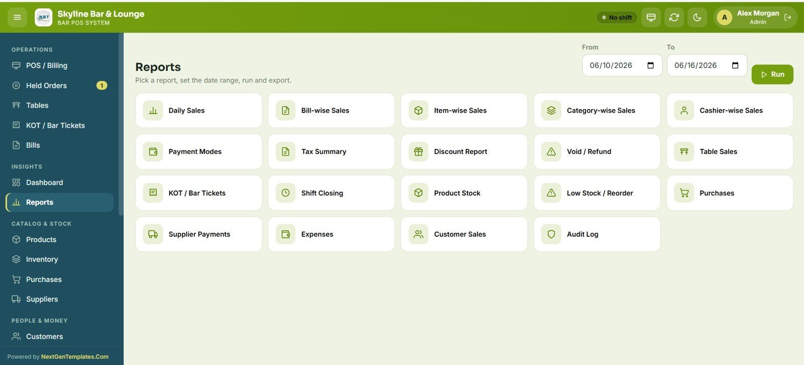 Bar POS System Web App - Reports Center