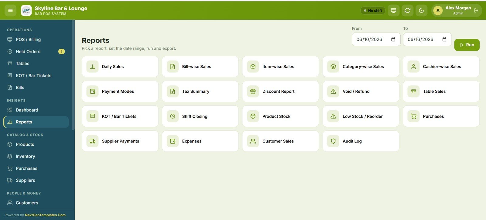 Bar POS System Web App - Reports Center
