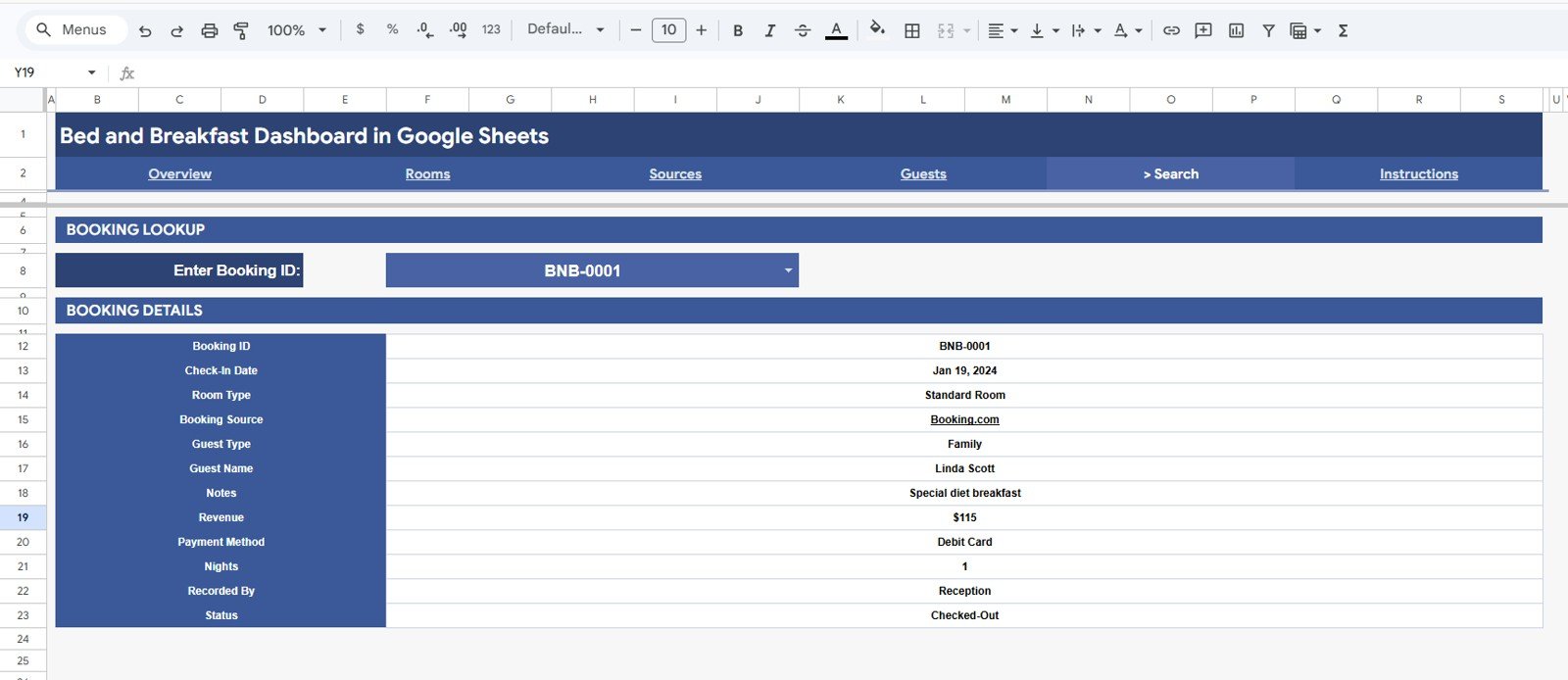 Bed and Breakfast Dashboard in Google Sheets - Search Sheet tab