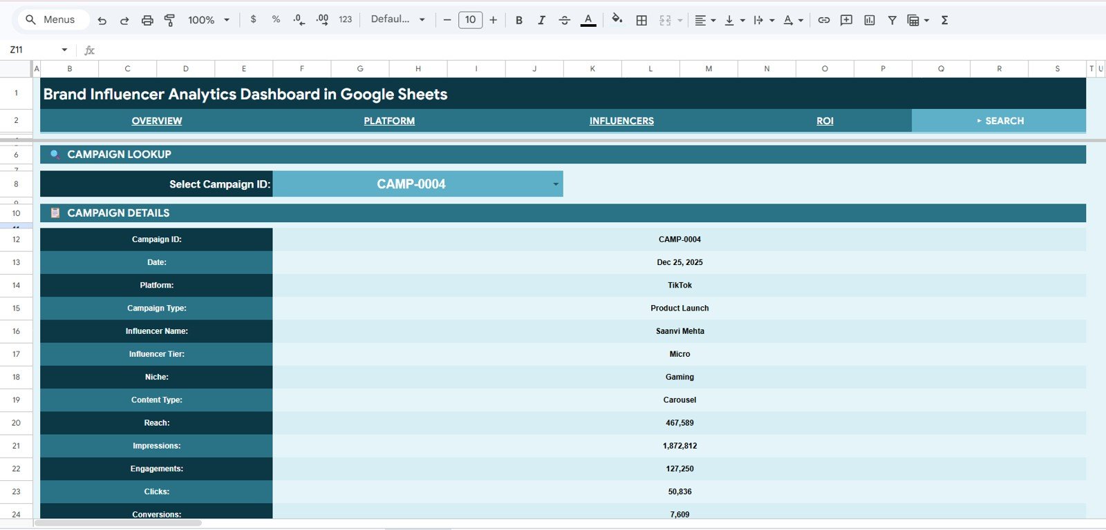 Brand Influencer Analytics Dashboard in Google Sheets - Search Sheet tab