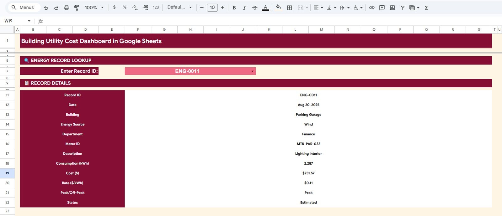 Search Sheet tab in Building Utility Cost Dashboard in Google Sheets