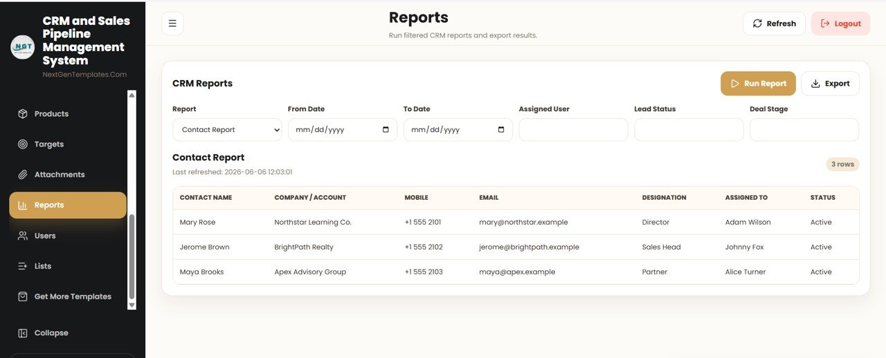 CRM and Sales Pipeline Management System Web App reports module